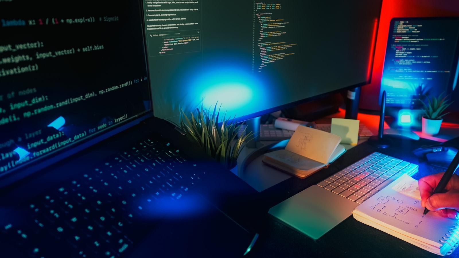 Multiple computer monitors glowing with bright neon blue light displaying lines of programming code