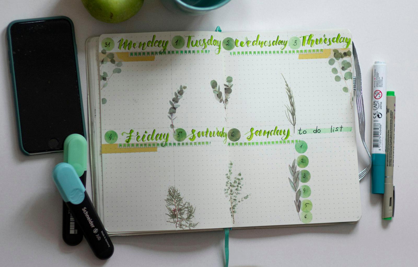 A flat lay photograph of an open planner with white and green pages featuring braille dots, alongside an apple and eucalyptus plant
