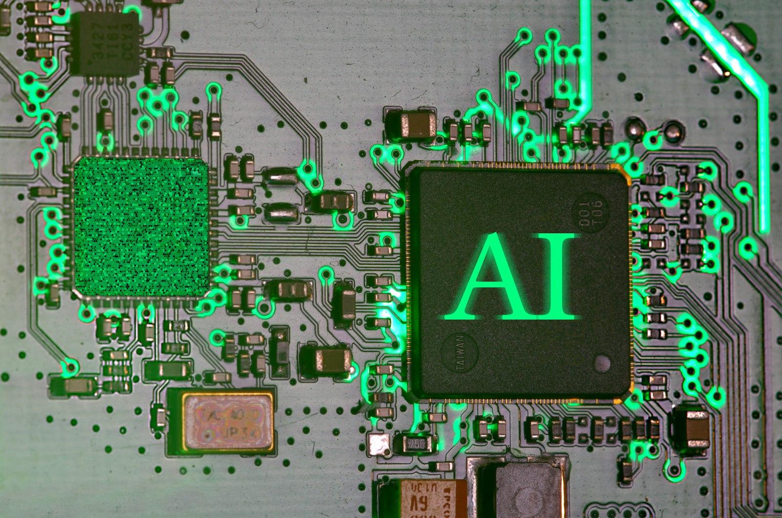 A glowing microchip mounted on a circuit board, illuminated in blue light